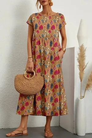 Casual Floral Pocket O Neck Printed Dress Dresses