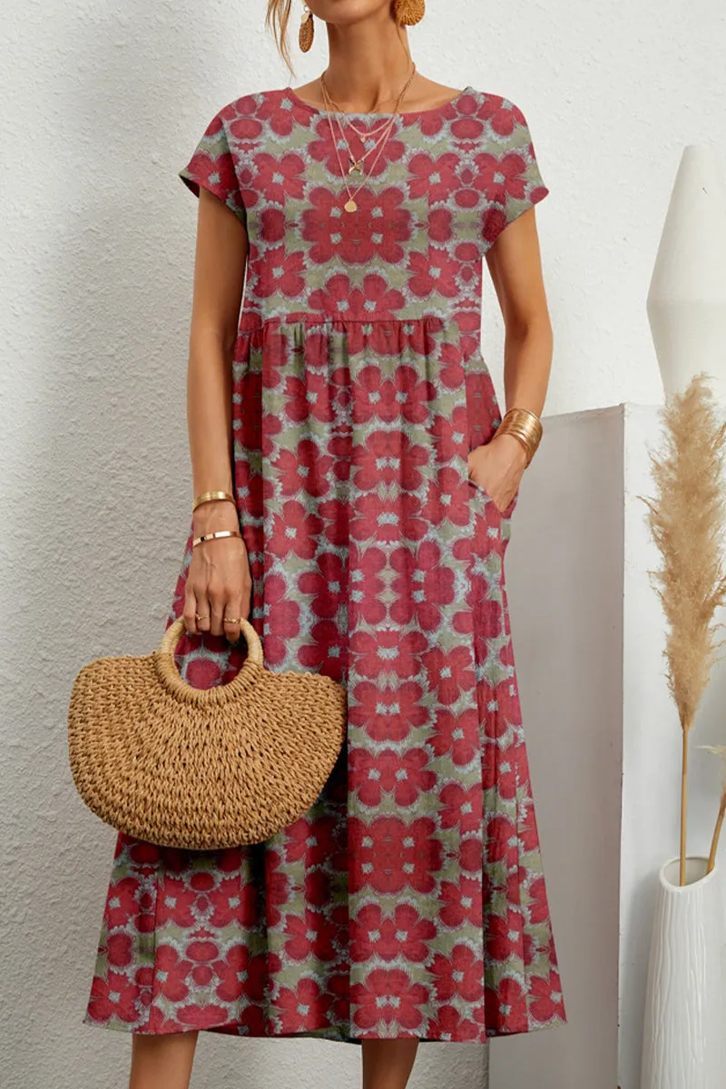 Casual Floral Pocket O Neck Printed Dress Dresses