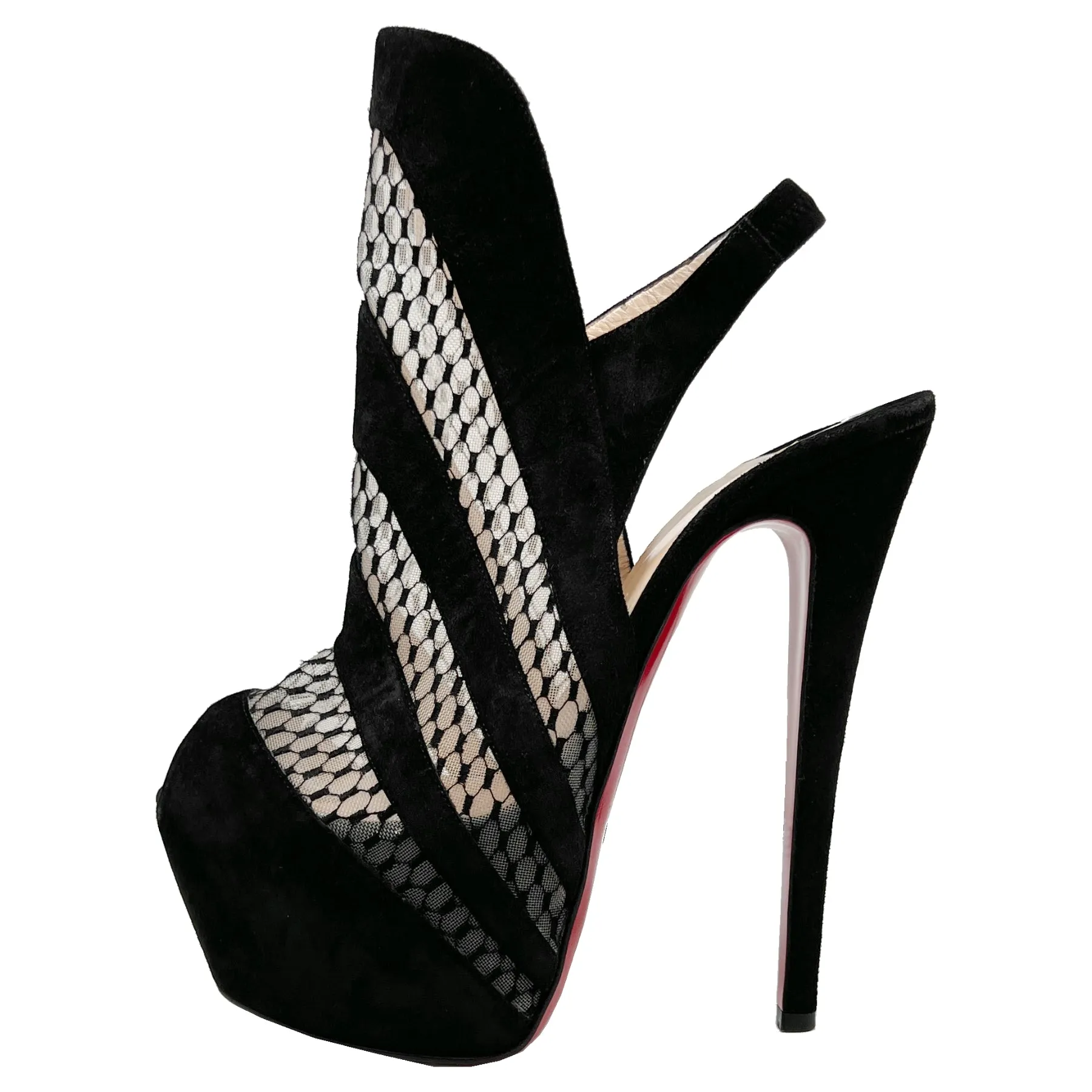 Christian Louboutin Guizi 160 Suede Mesh Netting Peep Toe Platform Heels Booties Size EU 38