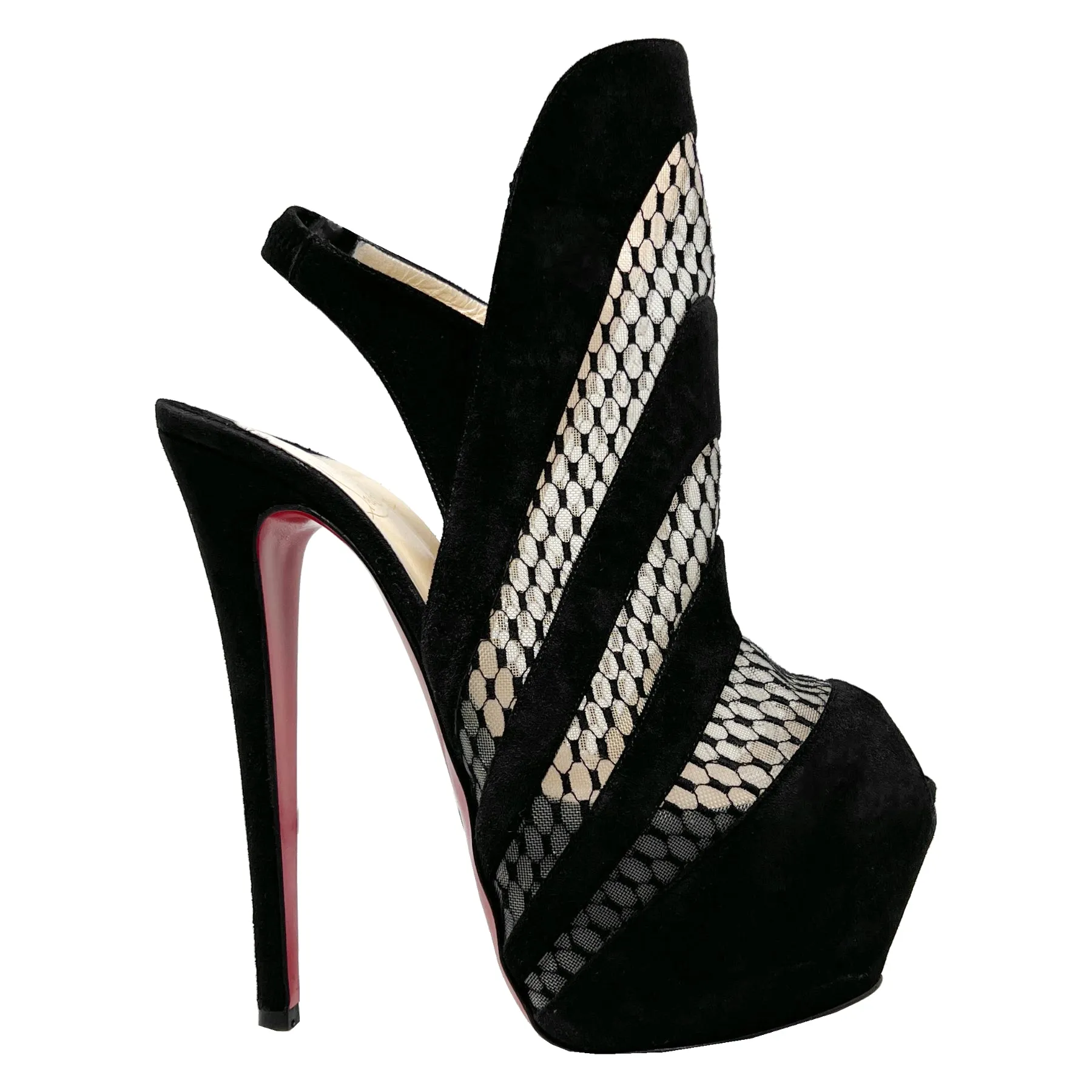 Christian Louboutin Guizi 160 Suede Mesh Netting Peep Toe Platform Heels Booties Size EU 38