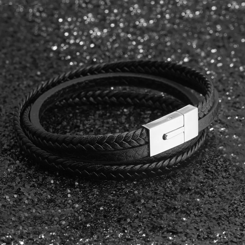 Classy Genuine Leather Braided Bracelets for Men with Stainless Steel Details, Wristband Gift for Him