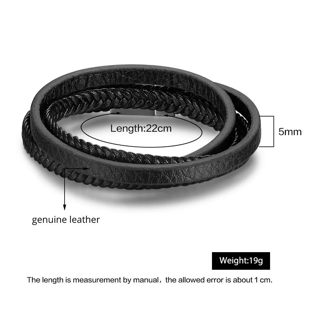 Classy Genuine Leather Braided Bracelets for Men with Stainless Steel Details, Wristband Gift for Him