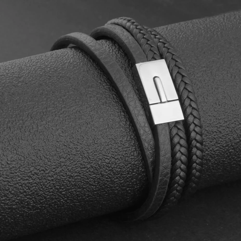 Classy Genuine Leather Braided Bracelets for Men with Stainless Steel Details, Wristband Gift for Him
