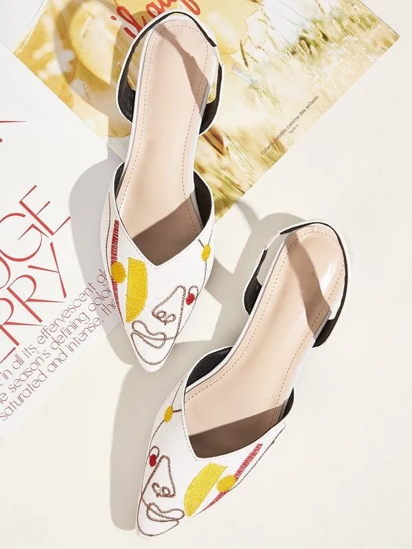 CM-SHS827468 Women Elegant Seoul Style Point Toe Embroidered Slingback Flats - White