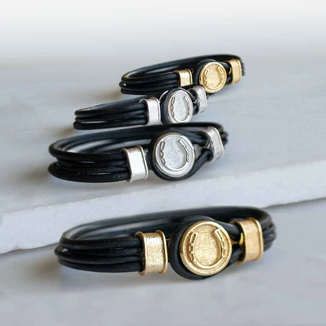 Colton - Horseshoe Dome Lock and Double Lace 14K Gold on Sterling Silver Black Bracelet