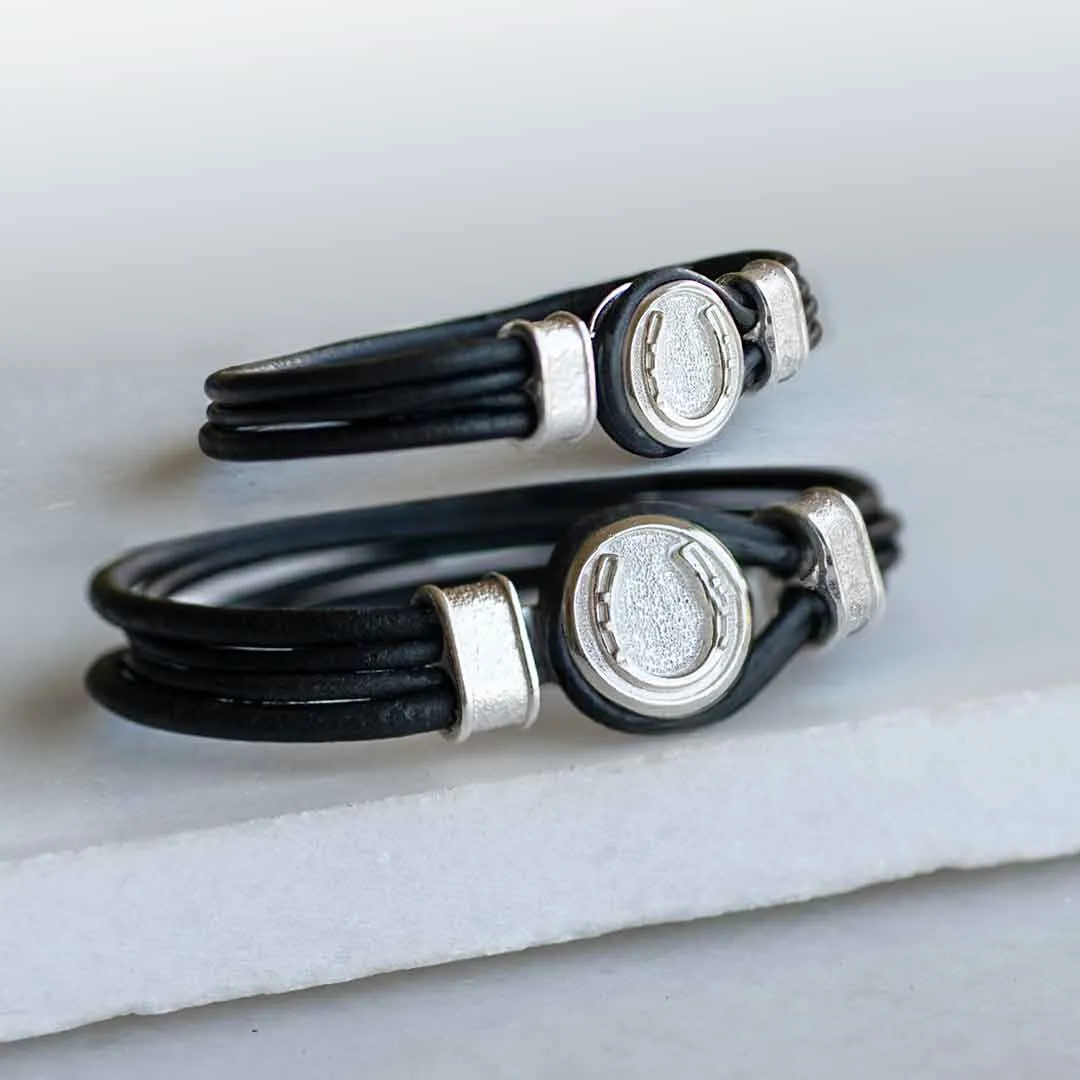 Colton - Horseshoe Dome Lock and Double Lace 14K Gold on Sterling Silver Black Bracelet