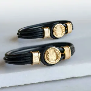 Colton - Horseshoe Dome Lock and Double Lace 14K Gold on Sterling Silver Black Bracelet