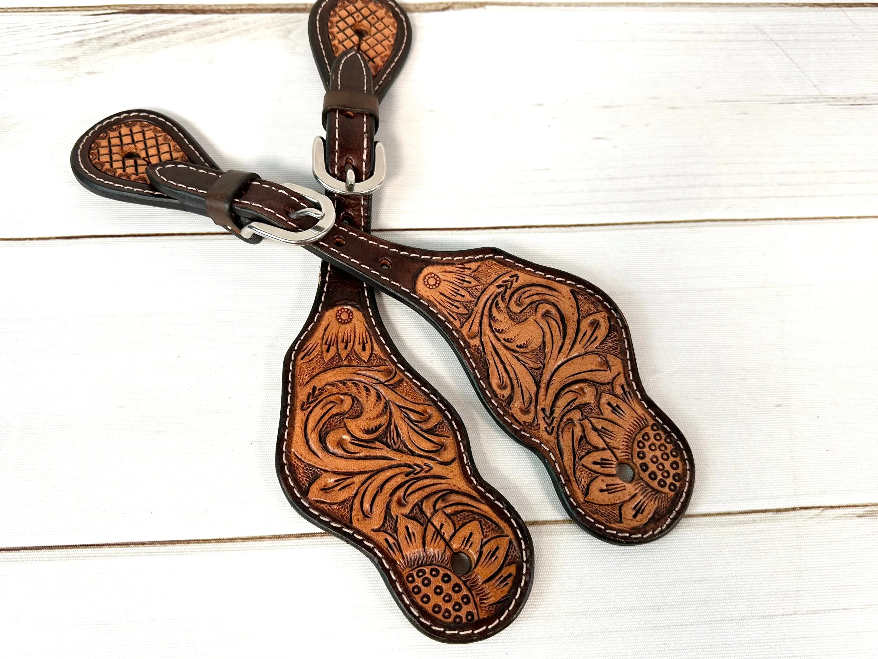 Dark and Medium Sunflower Tooled Spur Straps