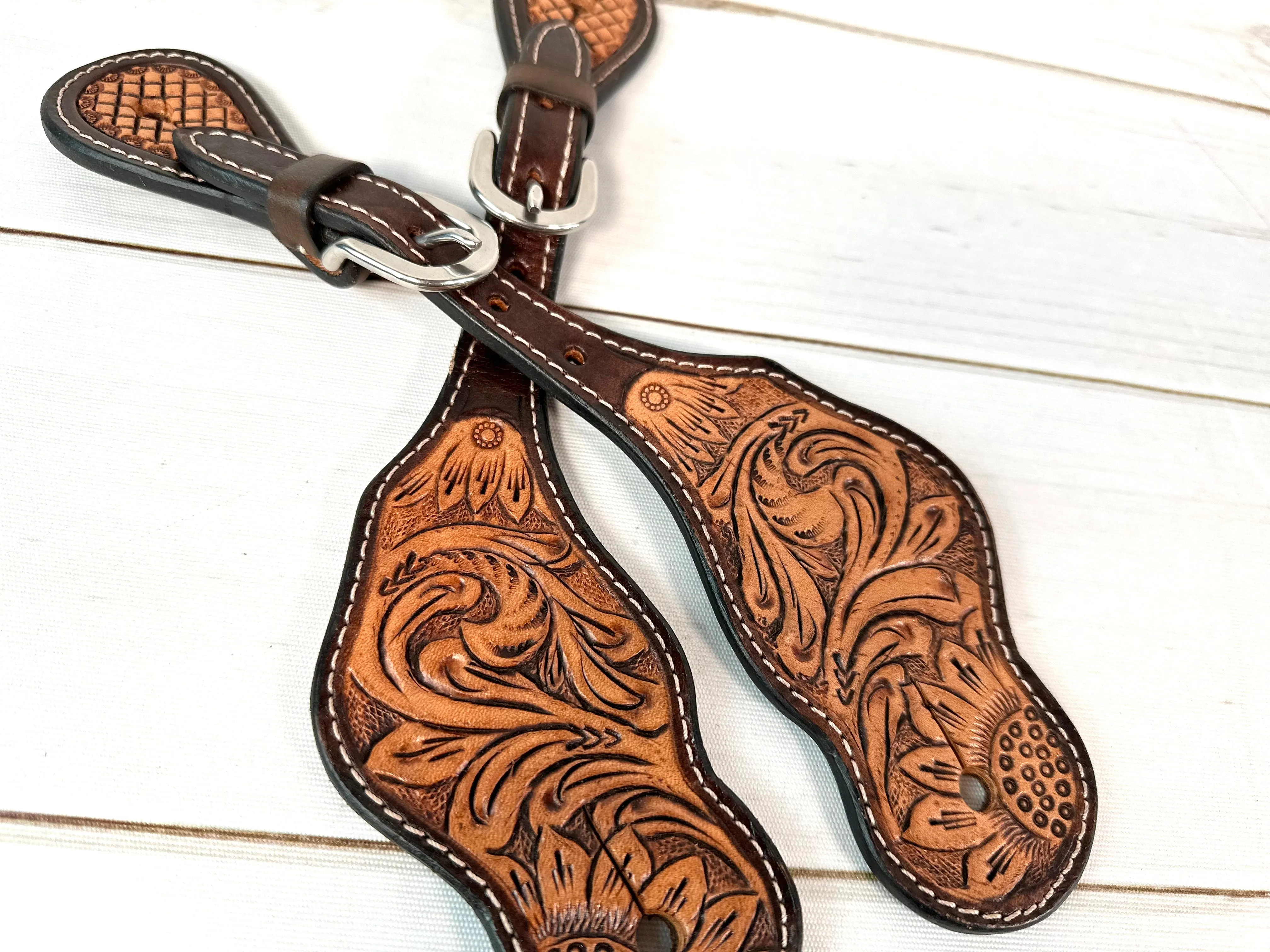 Dark and Medium Sunflower Tooled Spur Straps
