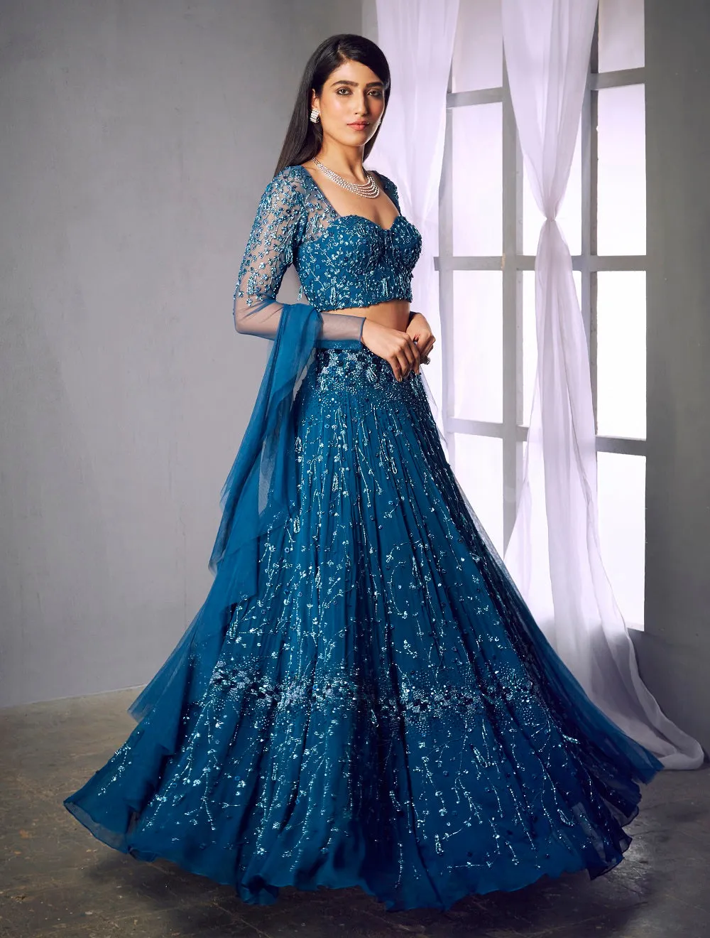 Dark blue embroidered lehenga