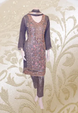 E31 Pakistani Indian Heavy Party Wear Luxury  Chiffon Dress In Grey 3 PC