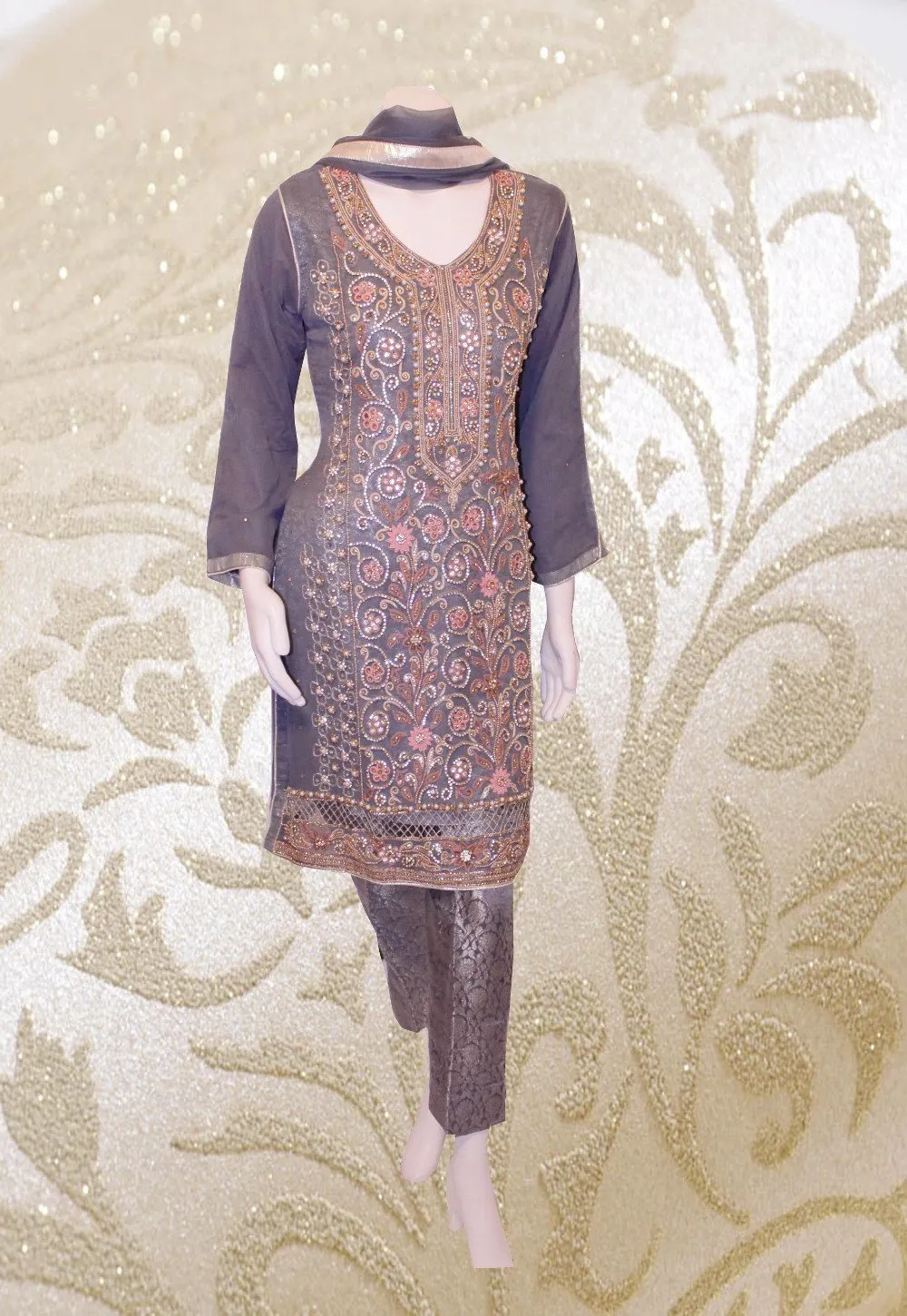 E31 Pakistani Indian Heavy Party Wear Luxury  Chiffon Dress In Grey 3 PC