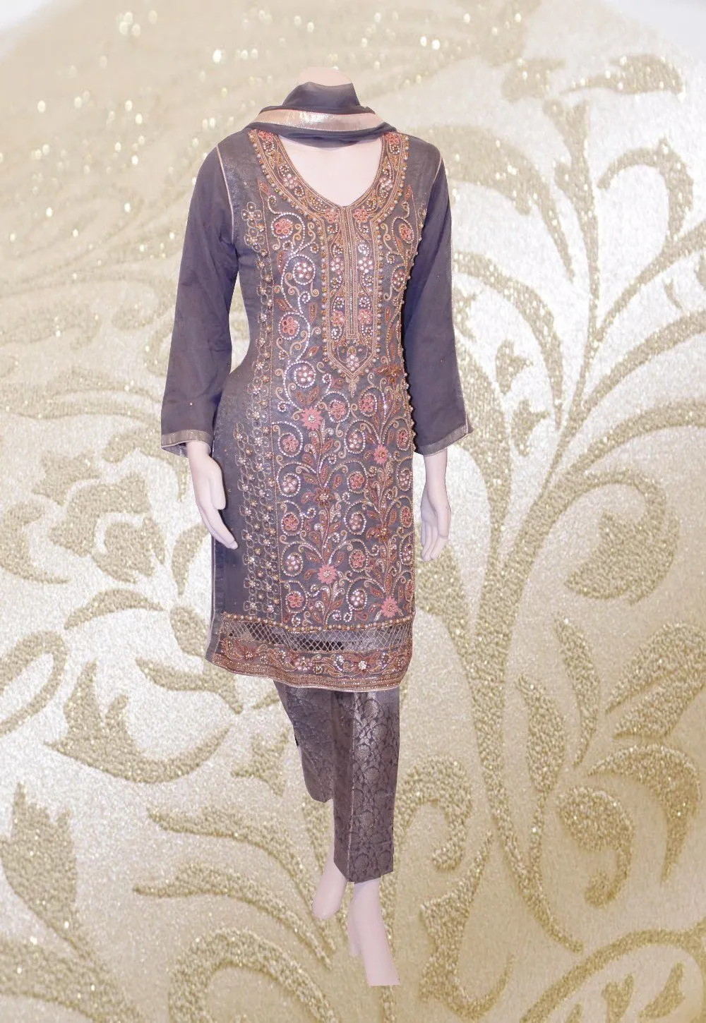 E31 Pakistani Indian Heavy Party Wear Luxury  Chiffon Dress In Grey 3 PC