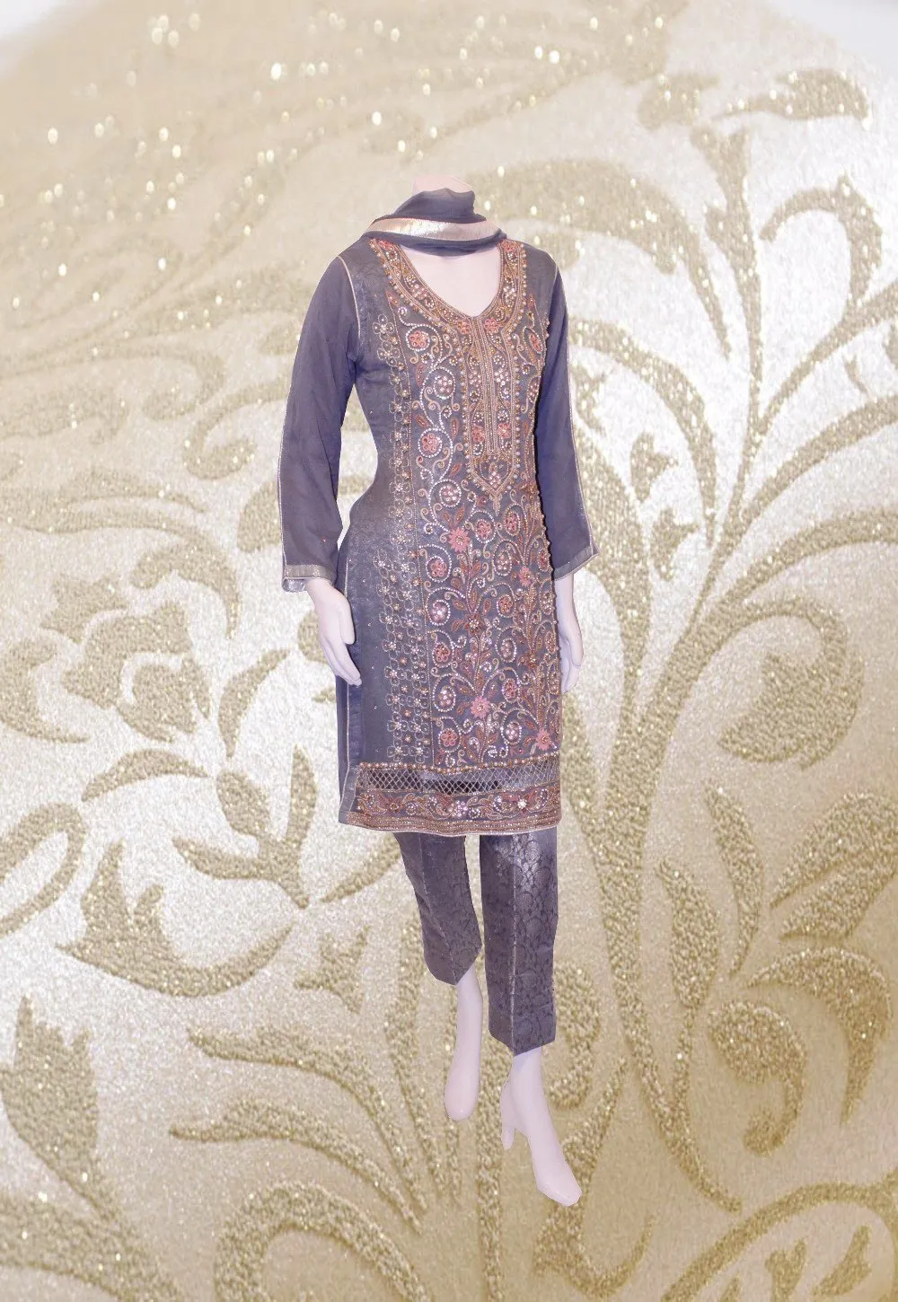 E31 Pakistani Indian Heavy Party Wear Luxury  Chiffon Dress In Grey 3 PC