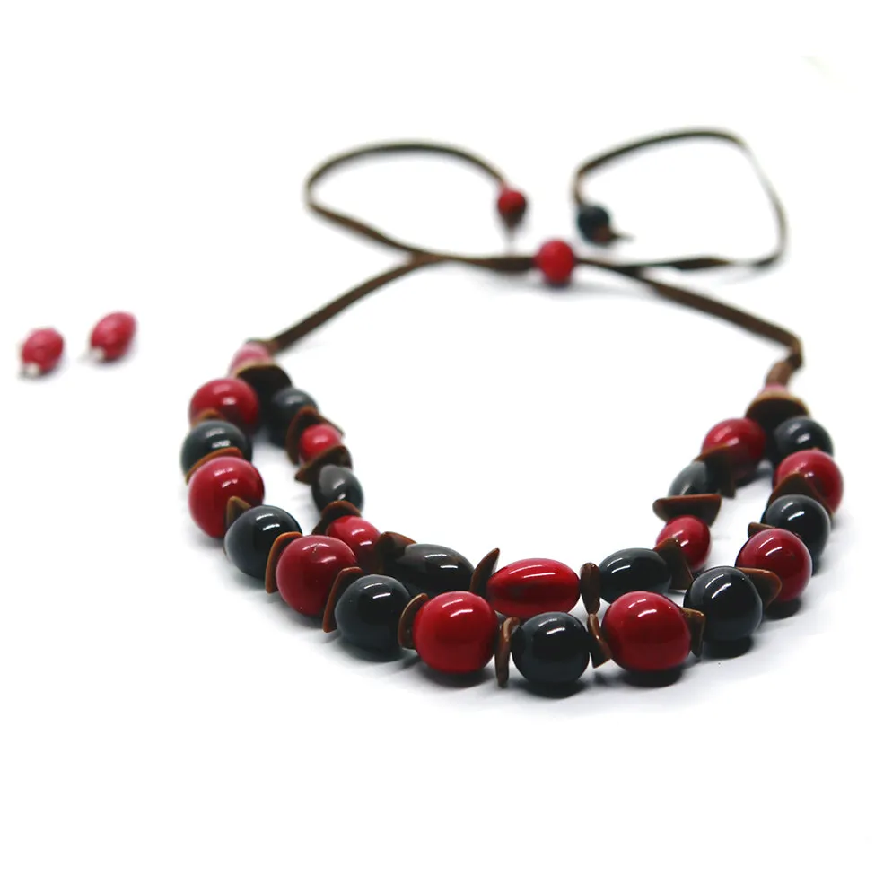 Earthy: Red 2-Layers Tagua Necklace Set
