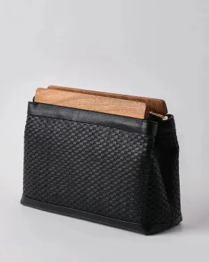 Exquisite Black Genuine Knitted Leather Clutch Handbag with Walnut Wood Accents