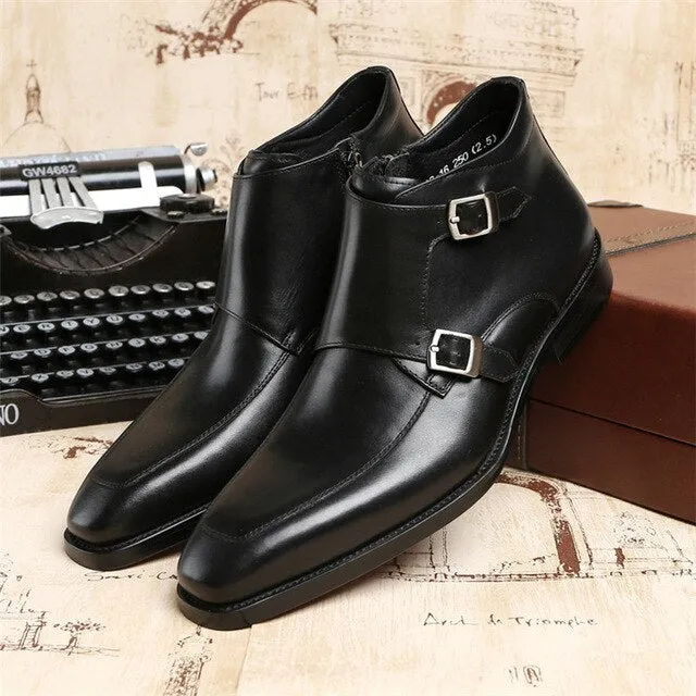 Fashion Black / Tan Double Monk Strap Ankle Boots Mens Dress Shoes Genuine Leather Boots Male Wedding Shoes