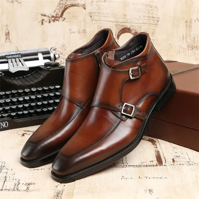 Fashion Black / Tan Double Monk Strap Ankle Boots Mens Dress Shoes Genuine Leather Boots Male Wedding Shoes