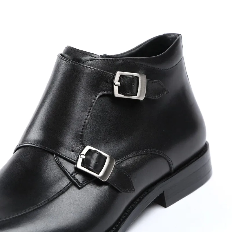 Fashion Black / Tan Double Monk Strap Ankle Boots Mens Dress Shoes Genuine Leather Boots Male Wedding Shoes
