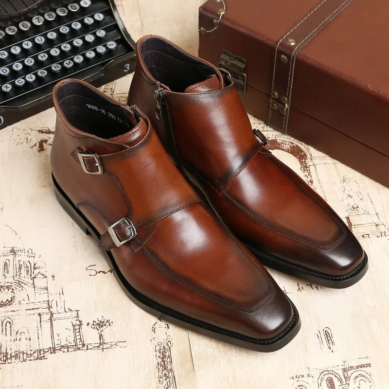 Fashion Black / Tan Double Monk Strap Ankle Boots Mens Dress Shoes Genuine Leather Boots Male Wedding Shoes