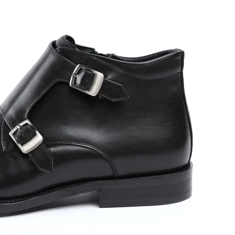 Fashion Black / Tan Double Monk Strap Ankle Boots Mens Dress Shoes Genuine Leather Boots Male Wedding Shoes