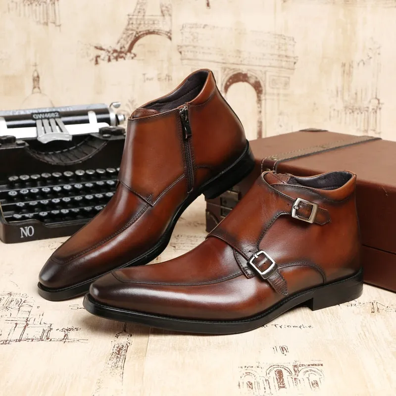 Fashion Black / Tan Double Monk Strap Ankle Boots Mens Dress Shoes Genuine Leather Boots Male Wedding Shoes