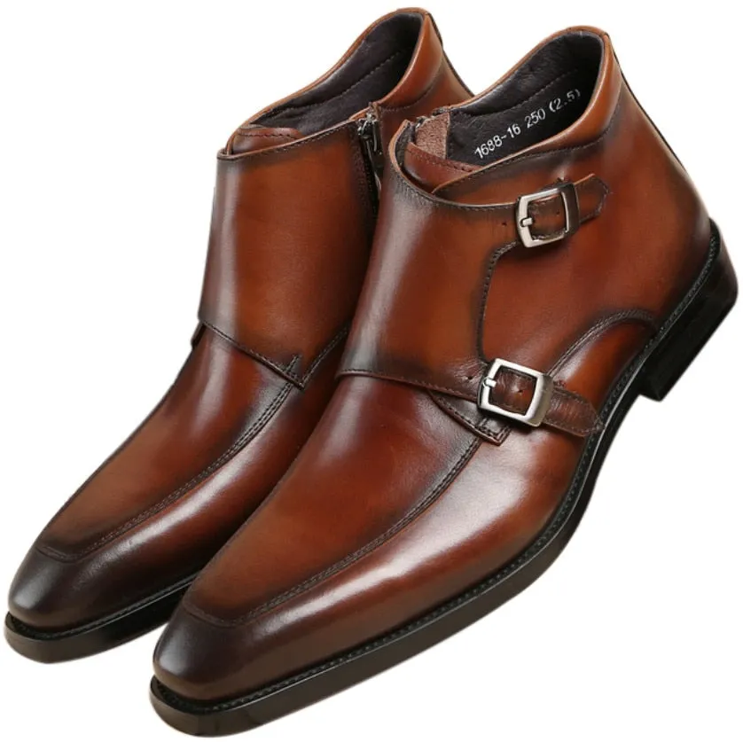 Fashion Black / Tan Double Monk Strap Ankle Boots Mens Dress Shoes Genuine Leather Boots Male Wedding Shoes