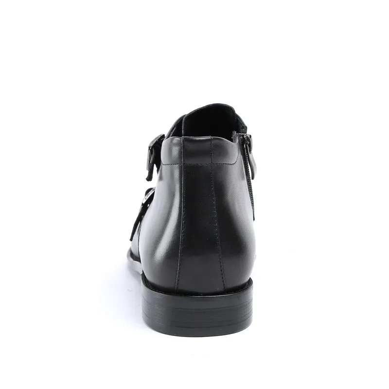 Fashion Black / Tan Double Monk Strap Ankle Boots Mens Dress Shoes Genuine Leather Boots Male Wedding Shoes