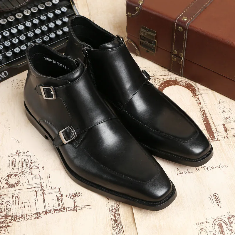 Fashion Black / Tan Double Monk Strap Ankle Boots Mens Dress Shoes Genuine Leather Boots Male Wedding Shoes