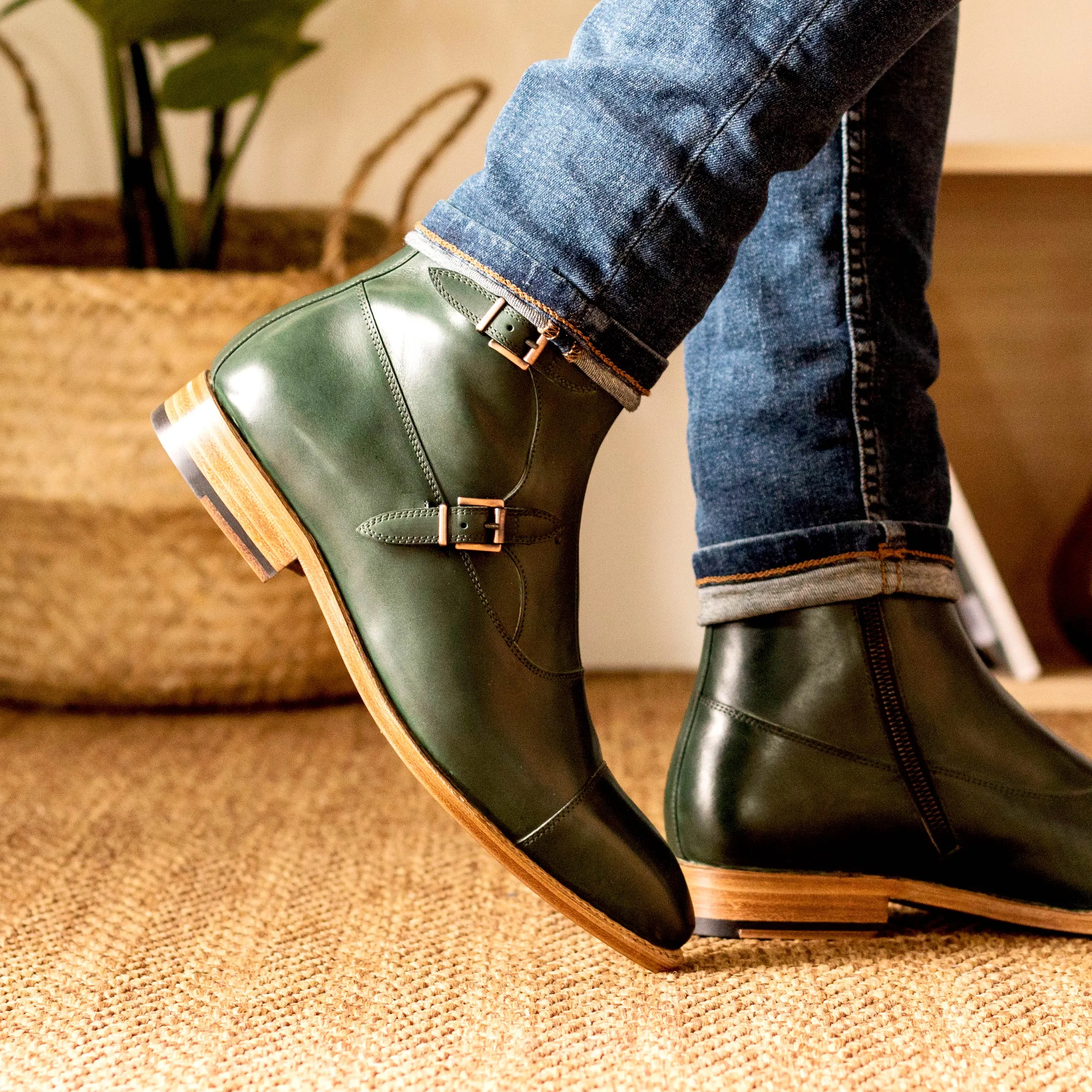 Forest Green Calf Leather Double Monk Boots