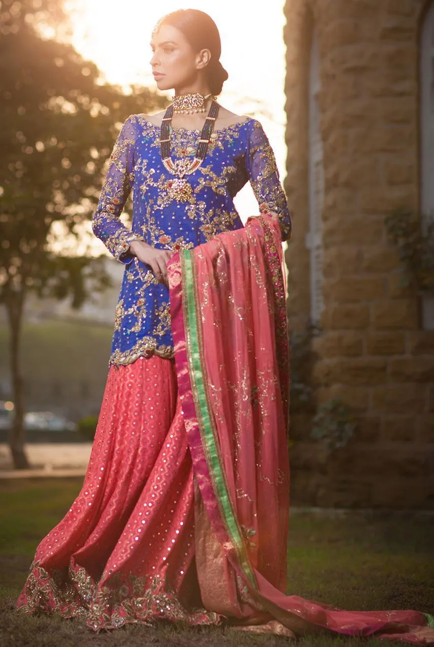 Formal mehndi lehnga dress in blue and peach color # B3321
