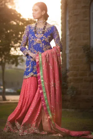 Formal mehndi lehnga dress in blue and peach color # B3321