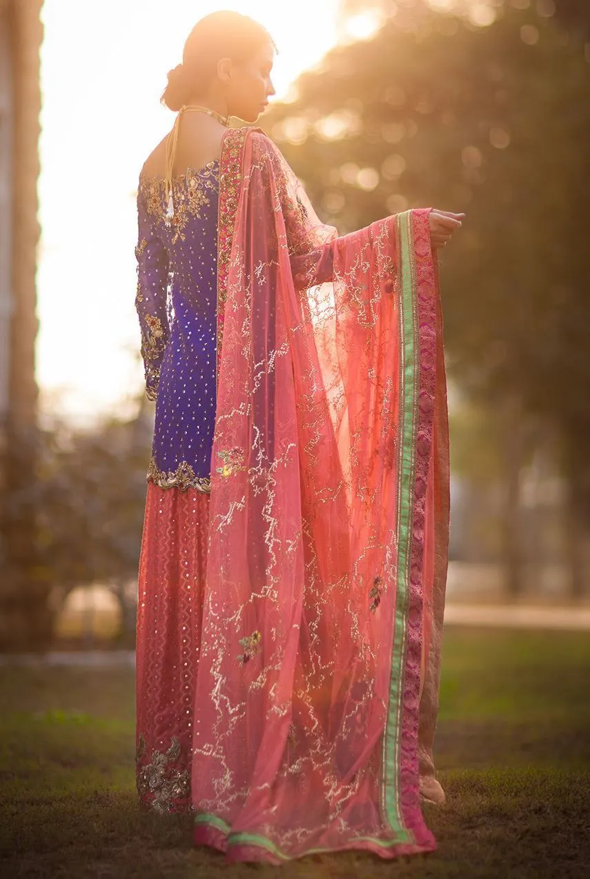 Formal mehndi lehnga dress in blue and peach color # B3321