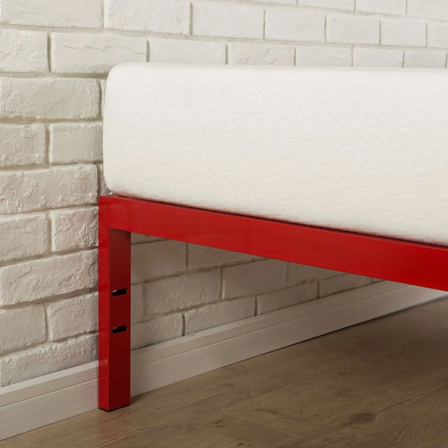 Full size Red Metal Platform Bed Frame with Wood Slats