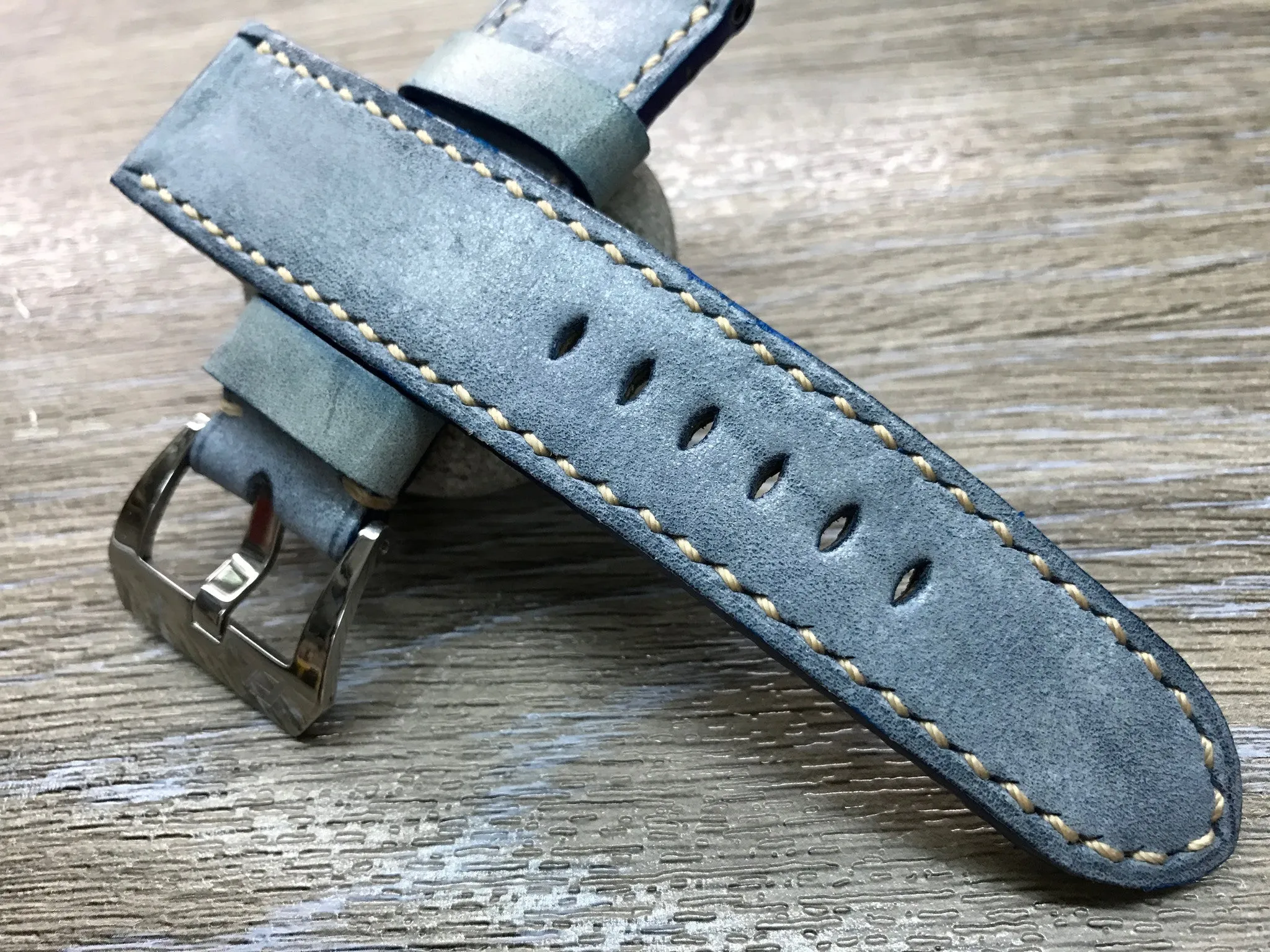 Genuine Leather Watch Straps 24mm, Handmade waxed vintage Blue leather watch band, Anniversary Gift Ideas, leather watch strap for Panerai