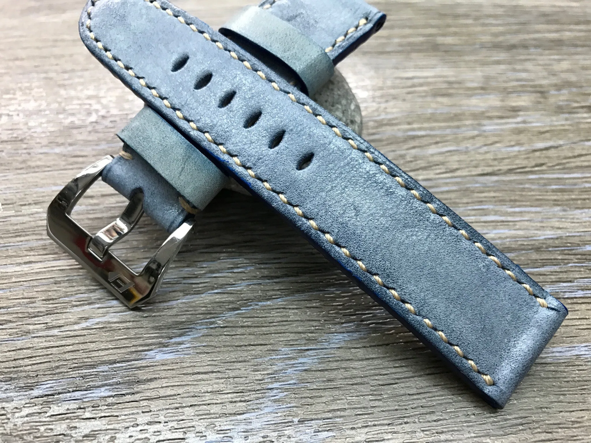 Genuine Leather Watch Straps 24mm, Handmade waxed vintage Blue leather watch band, Anniversary Gift Ideas, leather watch strap for Panerai