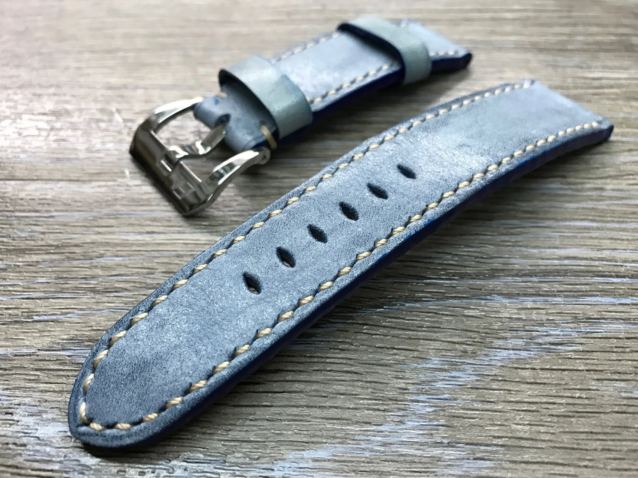 Genuine Leather Watch Straps 24mm, Handmade waxed vintage Blue leather watch band, Anniversary Gift Ideas, leather watch strap for Panerai