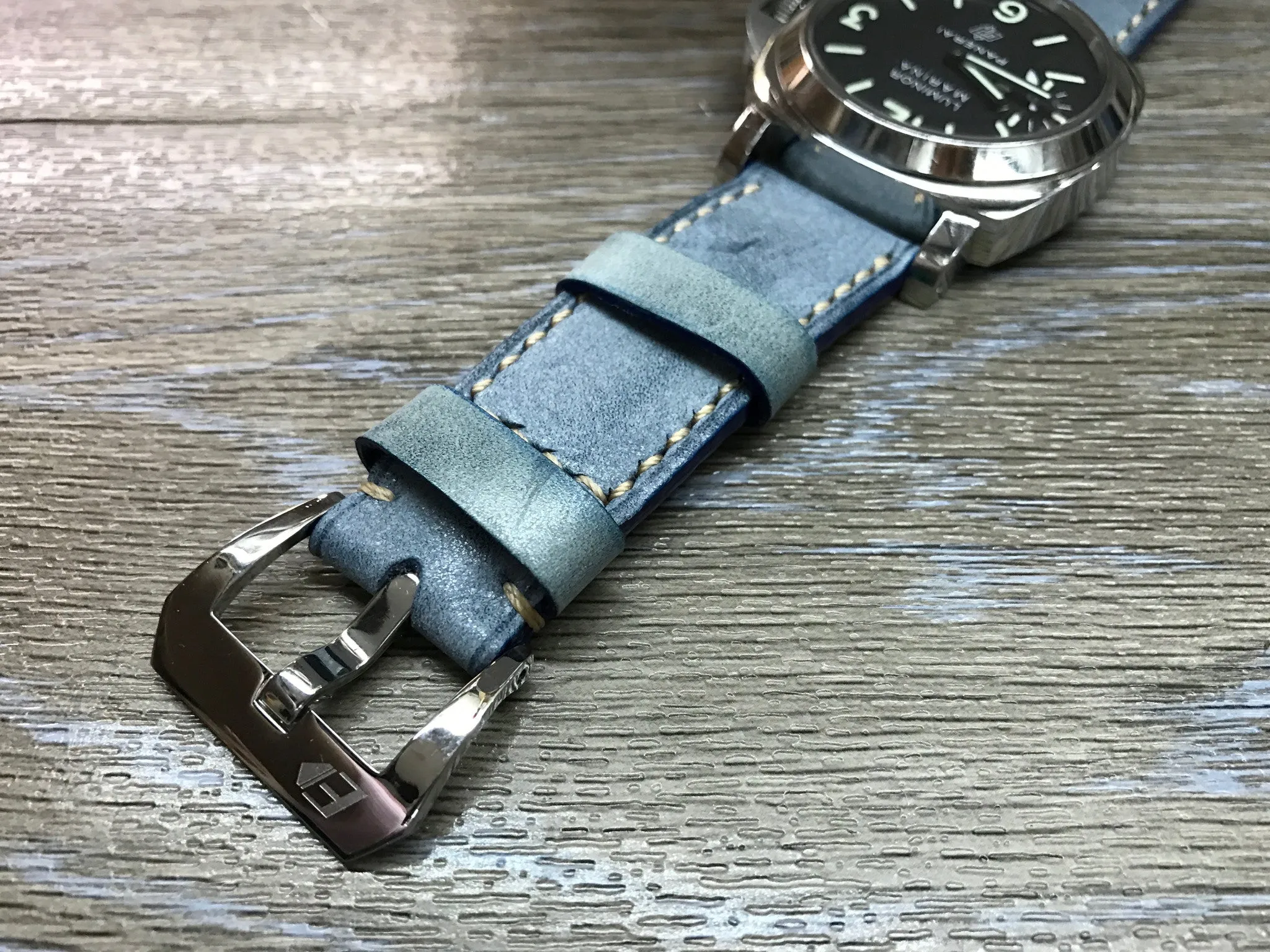 Genuine Leather Watch Straps 24mm, Handmade waxed vintage Blue leather watch band, Anniversary Gift Ideas, leather watch strap for Panerai
