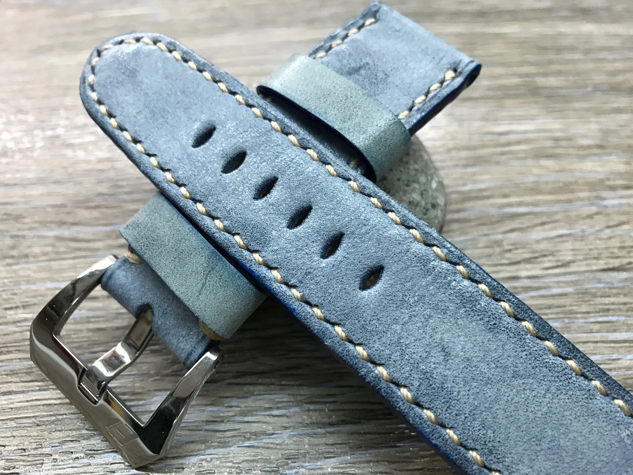 Genuine Leather Watch Straps 24mm, Handmade waxed vintage Blue leather watch band, Anniversary Gift Ideas, leather watch strap for Panerai