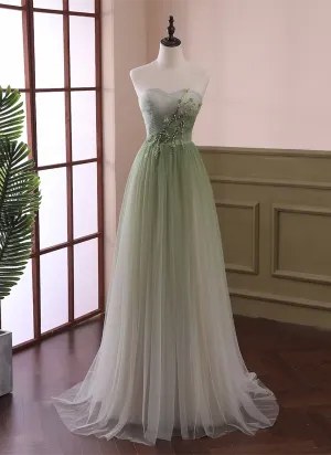 Green Sweetheart Gradient Beaded Tulle Floor Length Party Dress, Green Junior Prom Dresses