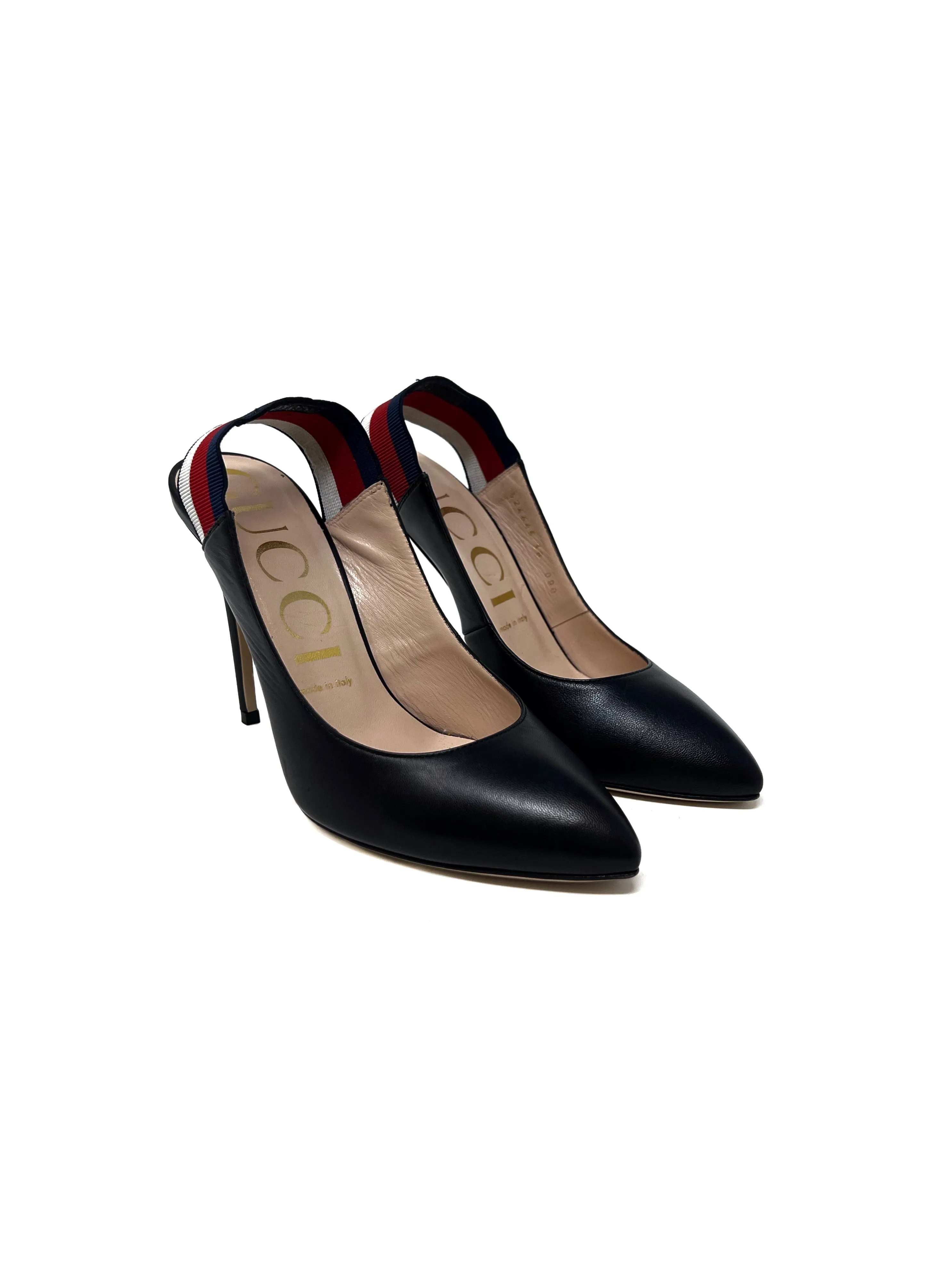 Gucci W Shoe Size 38 Leather Sylvie Web Stripe Slingback Pump