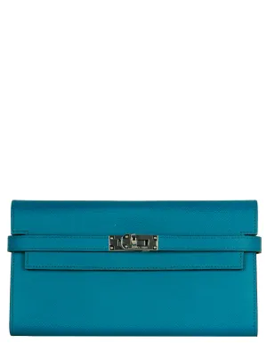 Hermes Colvert Blue Epsom Leather Kelly Longue Wallet w/ Palladium