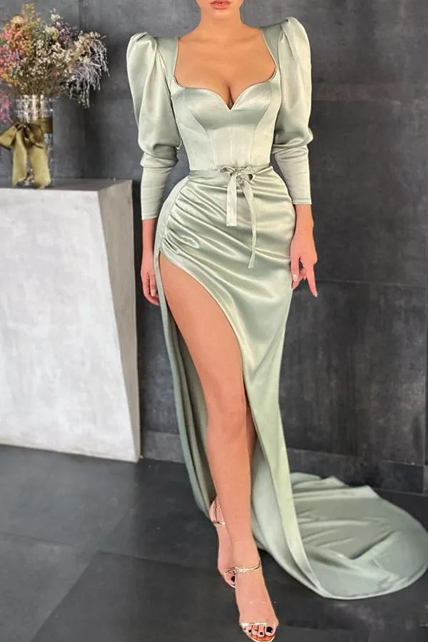 High Slit Ruched Plain Evening Dress