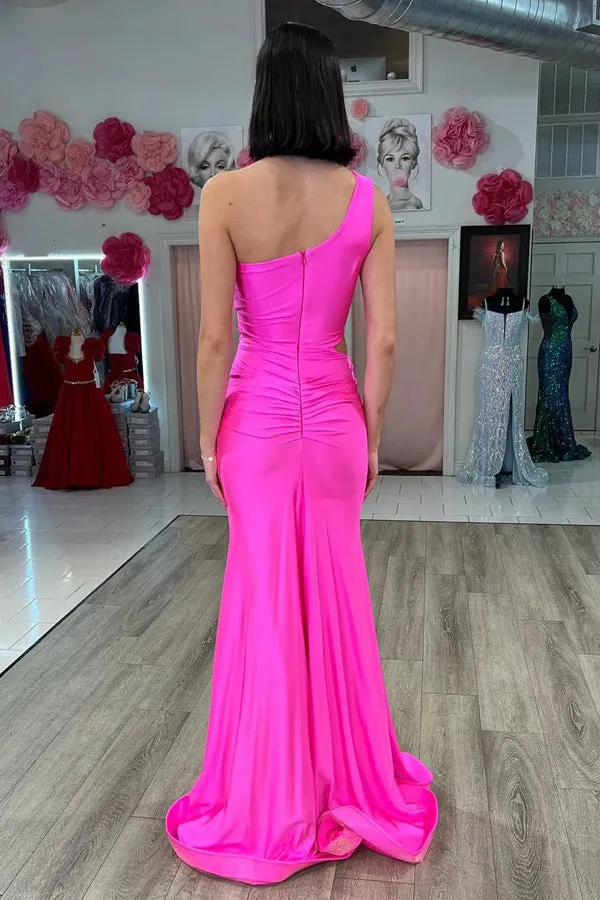 Hot Pink One-Shoulder Cutout Mermaid Long Prom Dress TP1274