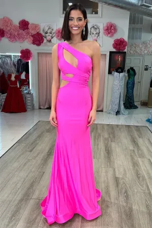 Hot Pink One-Shoulder Cutout Mermaid Long Prom Dress TP1274