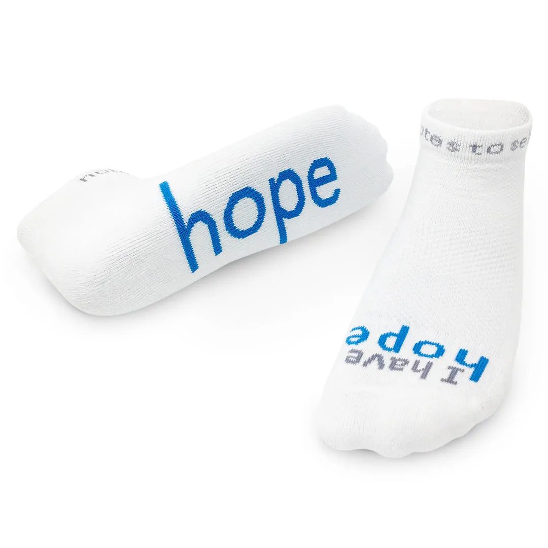 I have hope® white low-cut socks with blue words