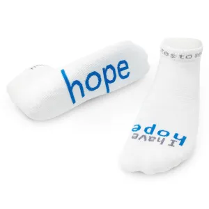 I have hope® white low-cut socks with blue words