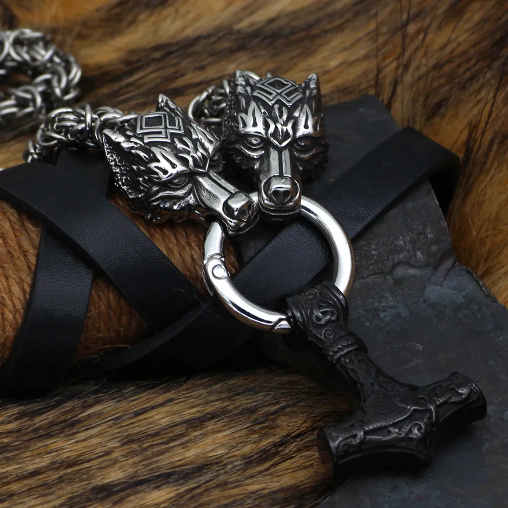 King Chain With Wolf Head & Black Metal Mjolnir Pendant