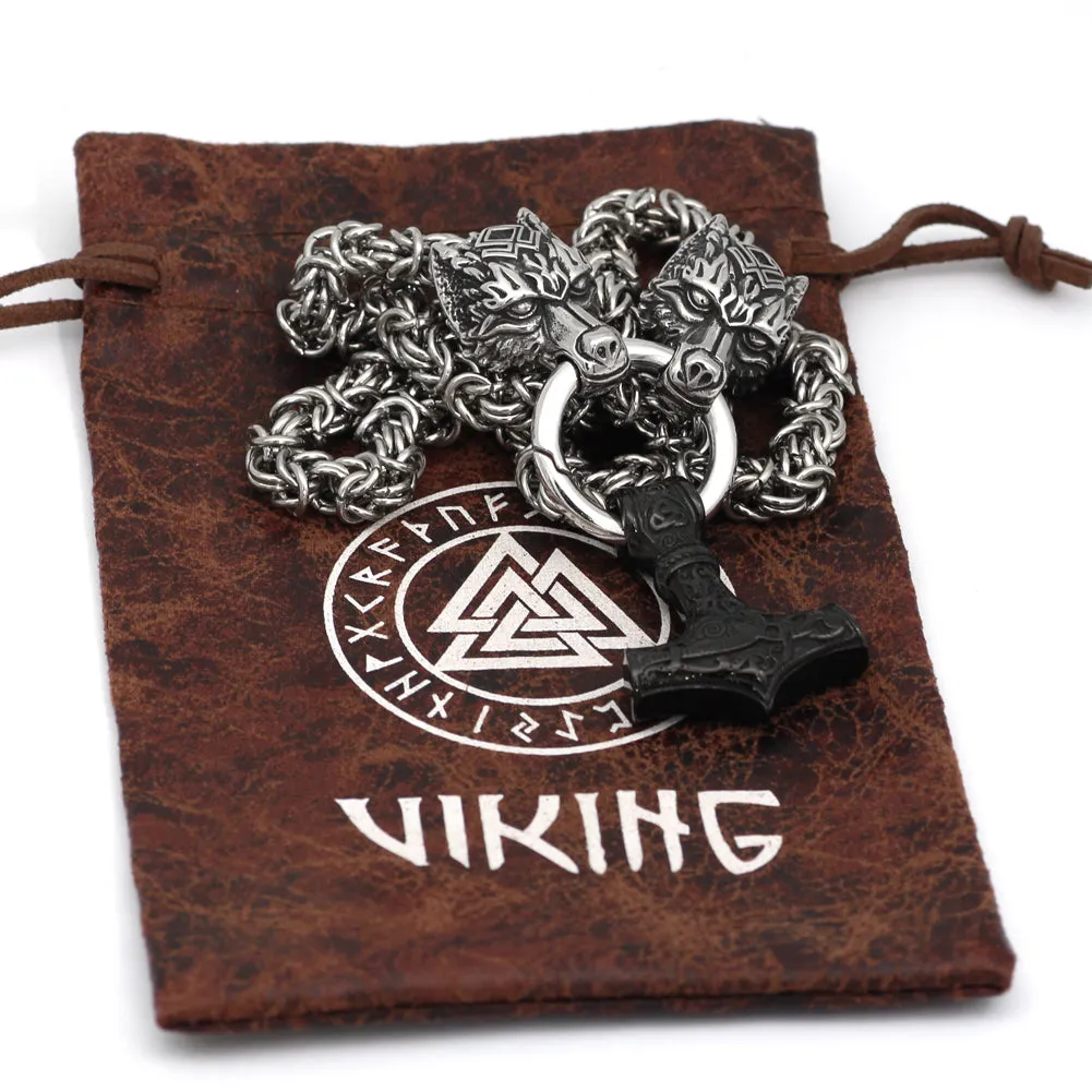 King Chain With Wolf Head & Black Metal Mjolnir Pendant