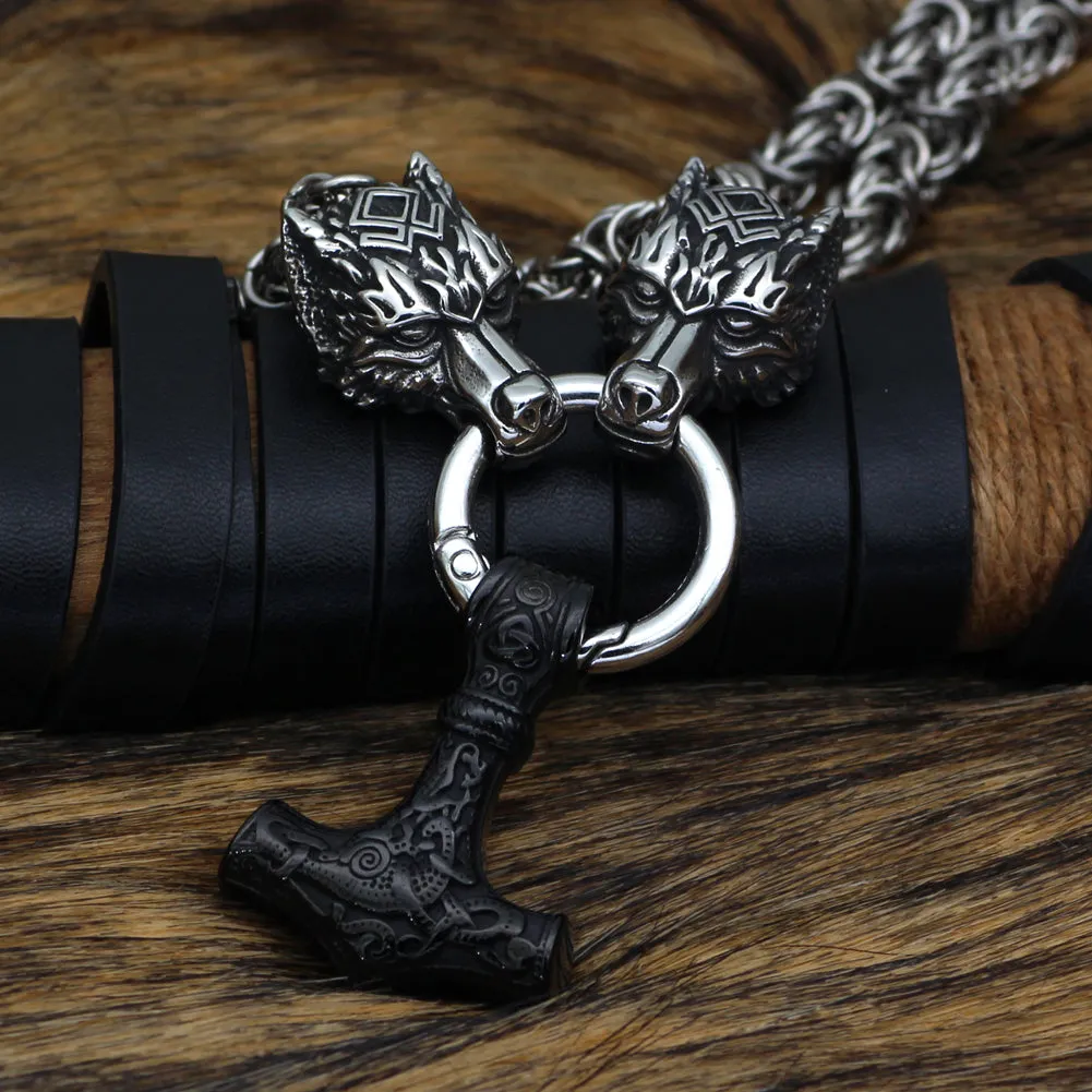 King Chain With Wolf Head & Black Metal Mjolnir Pendant